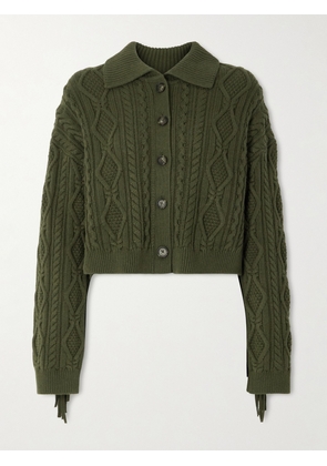 SIMKHAI - Virginia Cropped Fringed Cable-knit Cotton And Wool-blend Cardigan - Green - x small,small,medium,large,x large