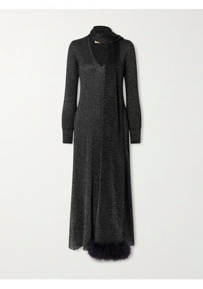 Valentino Garavani - Scarf-detailed Feather-trimmed Metallic Ribbed-knit Midi Dress - Black - x small,small,medium,large