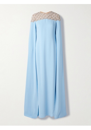 Oscar de la Renta - Cape-effect Embellished Tulle-trimmed Silk-blend Georgette Gown - Blue - small,medium,large,x large
