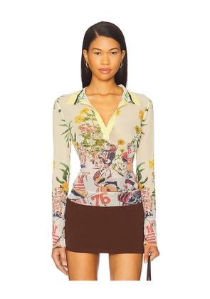 Monse Printed Mesh Polo Top in Lemon. Size L. Also in M.