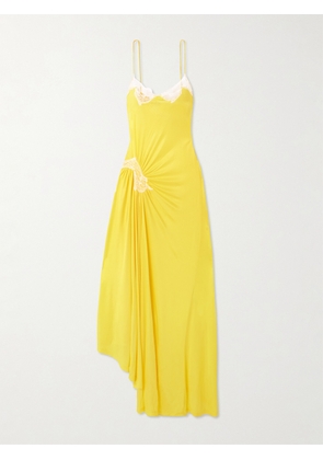 Christopher Esber - Delphin Asymmetric Gathered Lace-trimmed Ribbed Jersey Midi Dress - Yellow - UK 4,UK 6,UK 8,UK 10,UK 12,UK 14