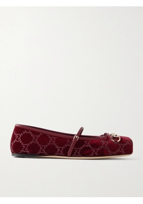 Gucci - Horsebit Ballerina Leather-trimmed Crystal-embellished Velvet Flats - Burgundy - IT36,IT36.5,IT37,IT37.5,IT38,IT38.5,IT39,IT39.5,IT40,IT40.5,IT41