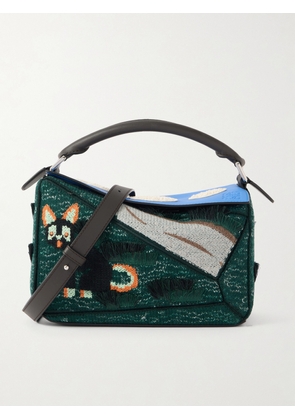 LOEWE - + Luis Wain Puzzle Futurist Cat Appliquéd Leather And Knitted Shoulder Bag - Green - One size