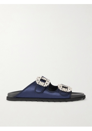 Roger Vivier - Slidy Viv Crystal-embellished Grosgrain-trimmed Satin Slides - Blue - IT35,IT36,IT37,IT38,IT39,IT40,IT41,IT42