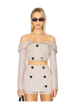 MATTHEW BRUCH Off Shoulder Double-breasted Top in Beige. Size 2. Also in 6.