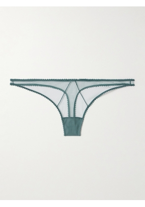 Kiki de Montparnasse - Perle Embroidered Mesh Thong - Green - x small,small,medium,large,x large
