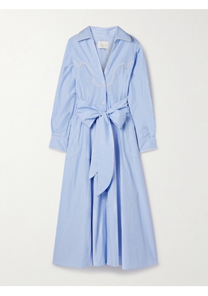 Johanna Ortiz - Vela De Cruz Belted Embroidered Striped Poplin Midi Shirt Dress - Blue - US0,US2,US4,US6,US8,US10,US12