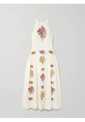 Agua by Agua Bendita - Balsa Faux Pearl-embellished Embroidered Linen Halterneck Midi Dress - Off-white - x small,small,medium,large,x large