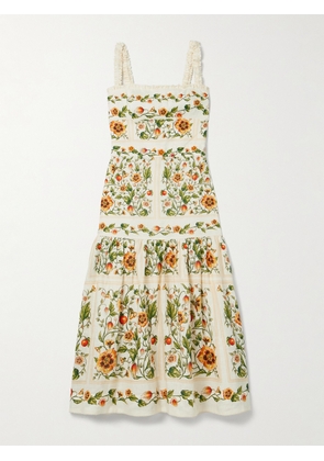 Agua by Agua Bendita - Nispero Tiered Embroidered Printed Linen Midi Dress - Multi - x small,small,medium,large,x large