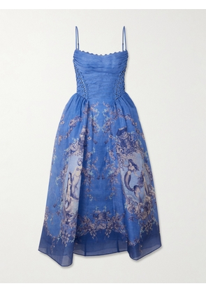 Zimmermann - Rebellion Lace-up Embellished Pleated Gathered Printed Linen And Silk-blend Midi Dress - Blue - 00,1,2,3,4