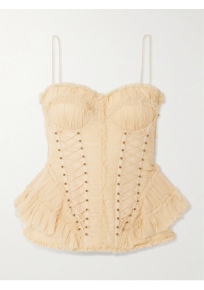 Zimmermann - Rebellion Embellished Lace-up Frayed Ruched Silk Peplum Top - Cream - 00,1,2,3,4