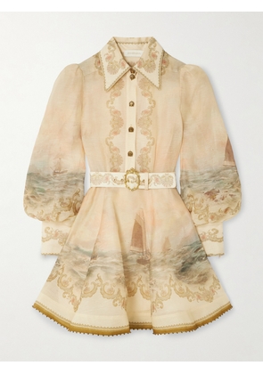 Zimmermann - Rebellion Bead-embellished Belted Printed Linen And Silk-blend Mini Dress - Neutrals - 00,1,2,3,4