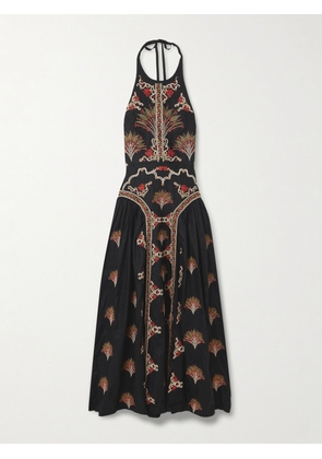 Agua by Agua Bendita - Balsa Pleated Embroidered Linen Halterneck Midi Dress - Black - x small,small,medium,large