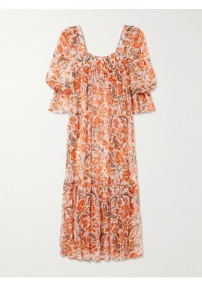 ALIX OF BOHEMIA - Lilium Topaz Flower Pleated Ruffled Printed Georgette Midi Dress - Orange - x small,small,medium,large,x large