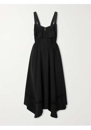 MAISON MAYLE - Asymmetric Ruffled Lace-trimmed Silk Crepe De Chine Midi Dress - Black - US0,US2,US4,US6,US8,US10