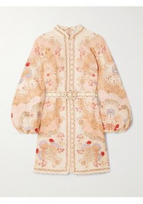 Zimmermann - Daylight Belted Scalloped Printed Linen Mini Dress - Brown - 00,1,2,3,4