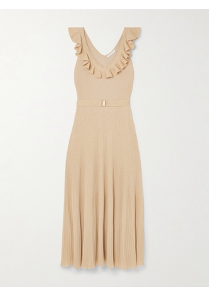 Zimmermann - Awaken Ruffled Belted Metallic Ribbed-knit Midi Dress - Gold - 00,1,2,3,4
