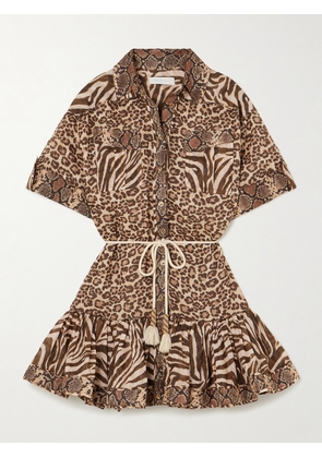 Zimmermann - Wanderlust Lantern Belted Printed Cotton Mini Dress - Brown - 00,1,2,3,4