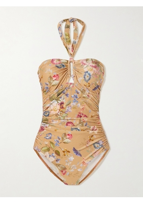 Zimmermann - Patience Ruched Floral-print Halterneck Swimsuit - Brown - 01,2,3,4