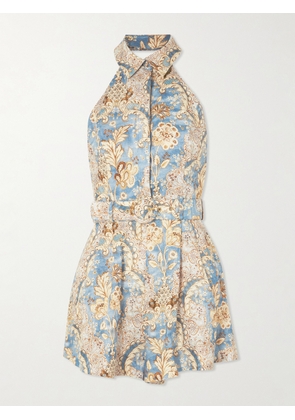 Zimmermann - Daylight Belted Printed Linen Halterneck Playsuit - Blue - 00,1,2,3,4