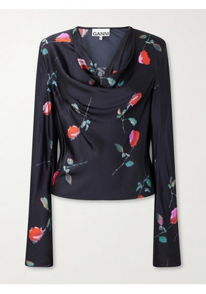 GANNI - Draped Floral-print Satin Top - Black - EU 32,EU 34,EU 36,EU 38,EU 40
