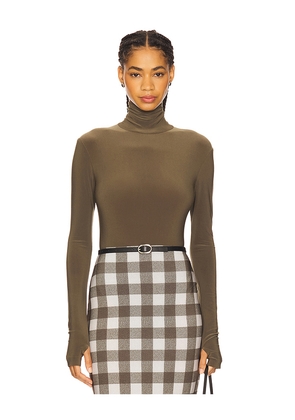 Norma Kamali Long Sleeve Turtleneck Bodysuit in Olive. Size L. Also in S, M, XL.