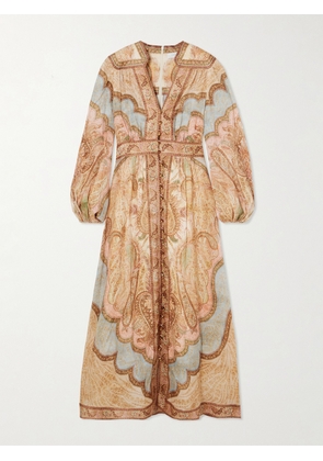Zimmermann - Wanderlust Gathered Printed Linen Midi Dress - Pink - 00,1,2,3,4