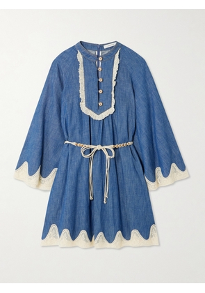 Zimmermann - Awaken Belted Lace-trimmed Denim Mini Dress - Blue - 00,1,2,3,4