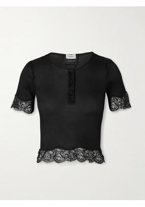 SAINT LAURENT - Scalloped Lace-trimmed Ribbed Jersey Henley Top - Black - x small,small,medium,large