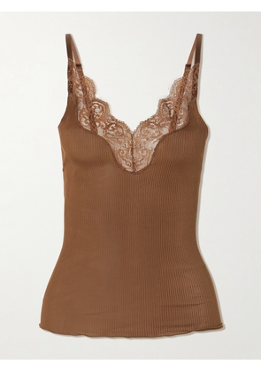 SAINT LAURENT - Lace-trimmed Ribbed Silk-jersey Tank - Brown - x small,small,medium,large