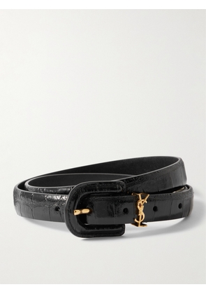 SAINT LAURENT - Cassandre Embellished Croc-effect Leather Belt - Black - 70,75,80,85,90