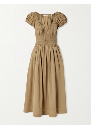 DÔEN - Quinn Tie-detailed Shirred Cotton-poplin Midi Dress - Neutrals - xx small,x small,small,medium,large,x large,xx large