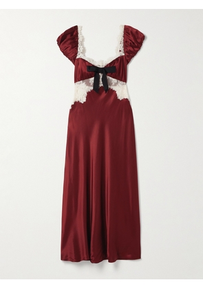DÔEN - Veda Bow-detailed Corded Lace-trimmed Silk-charmeuse Midi Dress - Red - xx small,x small,small,medium,large,x large,xx large