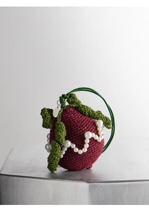 Gohar World - Faux Pearl-embellished Crocheted Cotton Bag Charm - Burgundy - One size