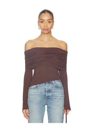 MORE TO COME Andrea Off Shoulder Top in Brown. Size L. Also in XS, XXS, S, M, XL.