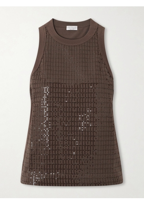 Brunello Cucinelli - Sequin-embellished Stretch-cotton Jersey Tank - Brown - xx small,x small,small,medium,large,x large