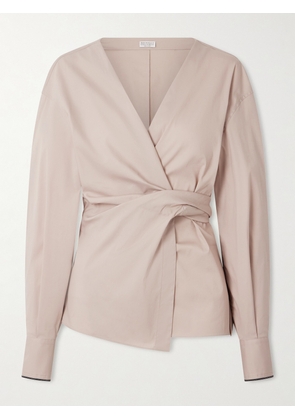 Brunello Cucinelli - Embellished Cotton-blend Poplin Wrap Blouse - Neutrals - xx small,x small,small,medium,large,x large