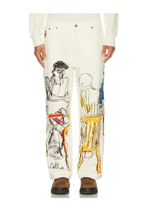 KidSuper Dominos Embroidery Jeans in Cream. Size L. Also in XL/1X, M.