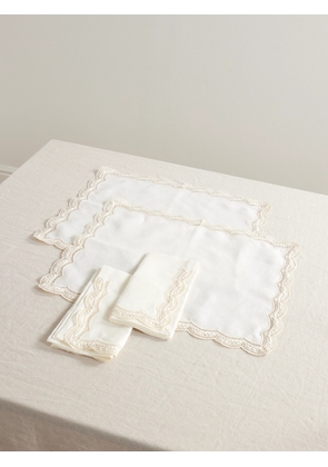 Cabana - Set Of Two Emilia Scalloped Embroidered Linen Placemats And Napkins - Ivory - One size