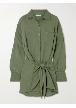 Melissa Odabash - Sara Tie-front Crinkled Cotton-gauze Mini Shirt Dress - Green - x small,small,medium,large,x large