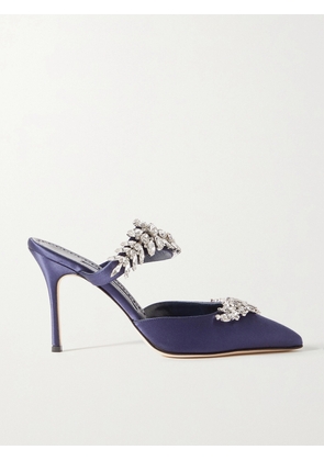 Manolo Blahnik - Lurum 90 Crystal-embellished Satin Mules - Blue - IT34,IT34.5,IT35,IT35.5,IT36,IT36.5,IT37,IT37.5,IT38,IT38.5,IT39,IT39.5,IT40,IT40.5,IT41,IT41.5,IT42,IT42.5,IT43