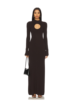 NICHOLAS Diantha Long Sleeve Midi Dress With Circle Cutout in Chocolate. Size L. Also in XS, S, M.