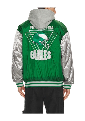 Mitchell & Ness NFL Eagles Diamond Fusion Vintage Logo Button Front Jacket in Green. Size L. Also in S, M, XL/1X.