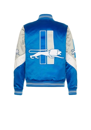 Mitchell & Ness NFL Lions Throw It Back Heavyweight Satin Jacket in Blue. Size L. Also in M, XL/1X.