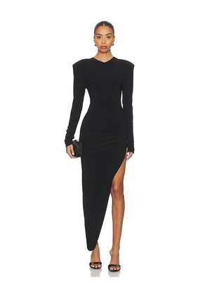 Norma Kamali Long Sleeve Shoulder Pad V Neck Side Drape Gown in Black. Size L. Also in S.