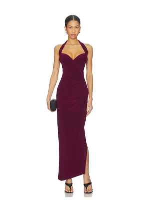Norma Kamali x REVOLVE Halter Sweetheart Side Drape Gown in Burgundy. Size L. Also in XS, S, M.