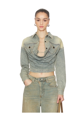 MARRKNULL Swing Pleat Denim Shirt in Blue. Size L. Also in S, M.