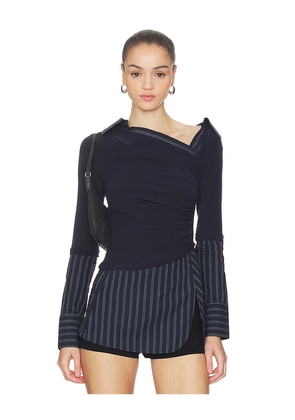 MARRKNULL Faux Tow-piece Spliced Shirt in Navy. Size L. Also in XS.