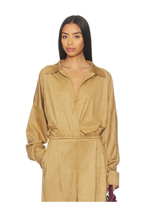 Norma Kamali Super Oversized Boyfriend Shirt Bodysuit in Tan. Size M. Also in XXS, XS, S.
