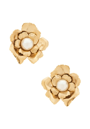 LELET NY Jasmine Floral Pearl Button Earrings in Metallic Gold.